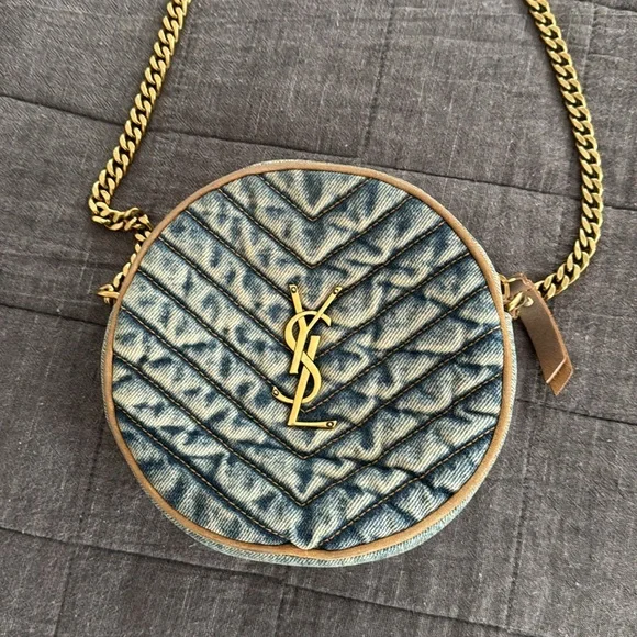 YSL Authentic Round Quilted Crossbody Denim with Gold and Leather Accents - Picture 2 of 7